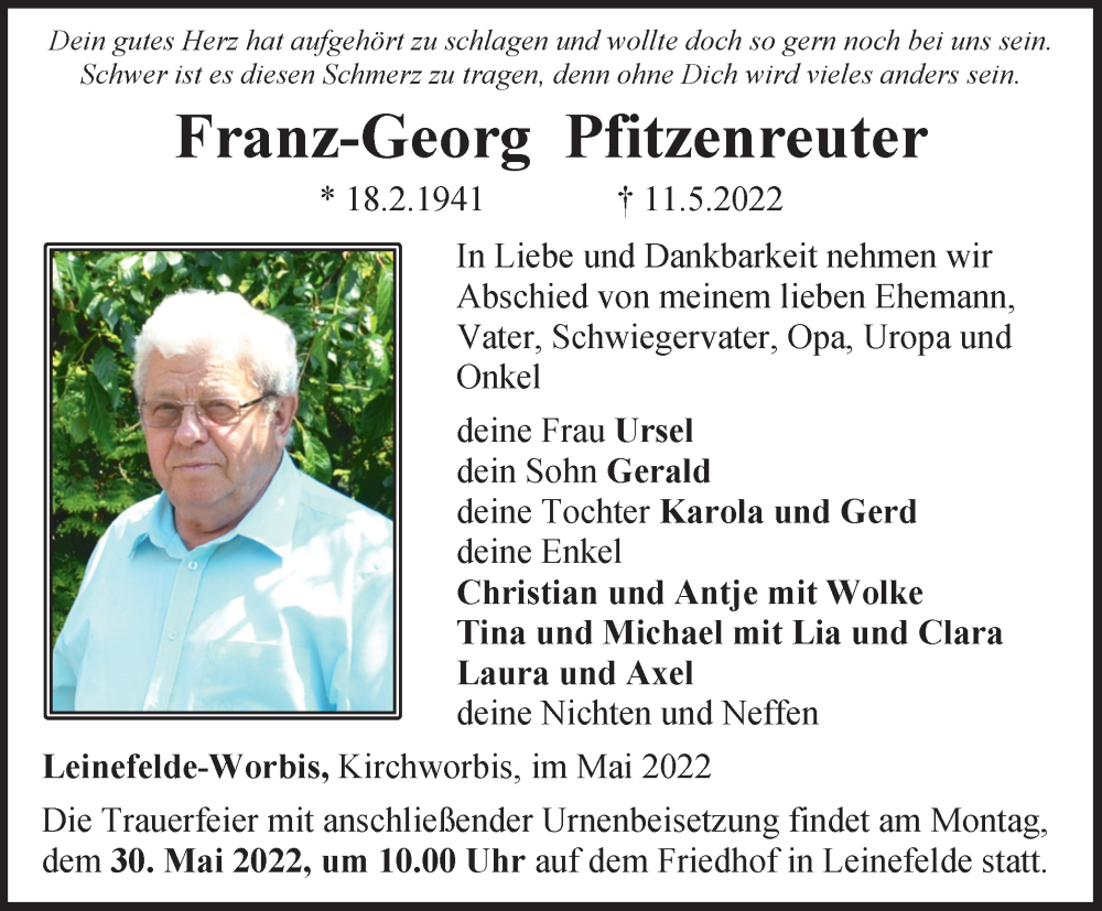  Traueranzeige für Franz-Georg Pfitzenreuter vom 25.05.2022 aus Thüringer Allgemeine