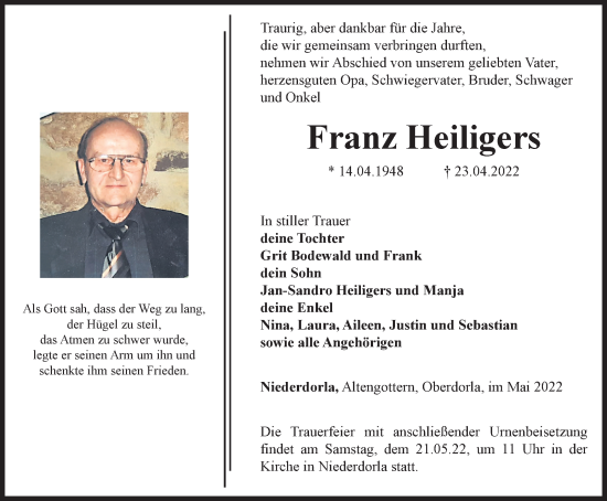 Traueranzeige von Franz Heiligers von Thüringer Allgemeine, Thüringische Landeszeitung