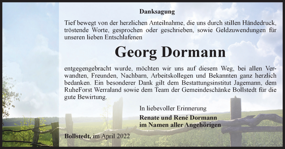  Traueranzeige für Georg Dormann vom 07.05.2022 aus Thüringer Allgemeine, Thüringische Landeszeitung