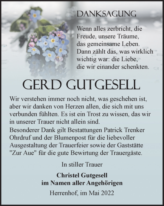 Traueranzeige von Gerd Gutgesell von Thüringer Allgemeine, Thüringische Landeszeitung