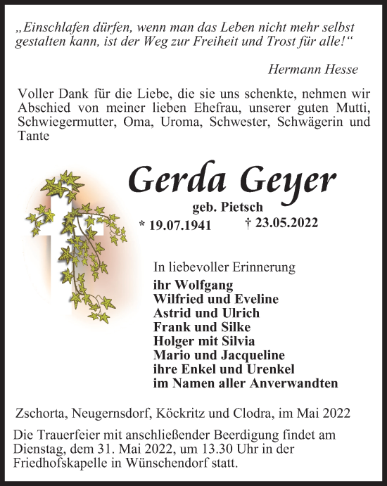 Traueranzeige von Gerda Geyer von Ostthüringer Zeitung