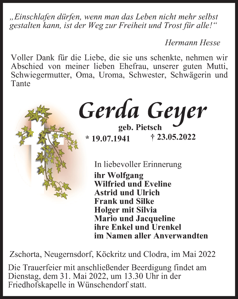  Traueranzeige für Gerda Geyer vom 27.05.2022 aus Ostthüringer Zeitung