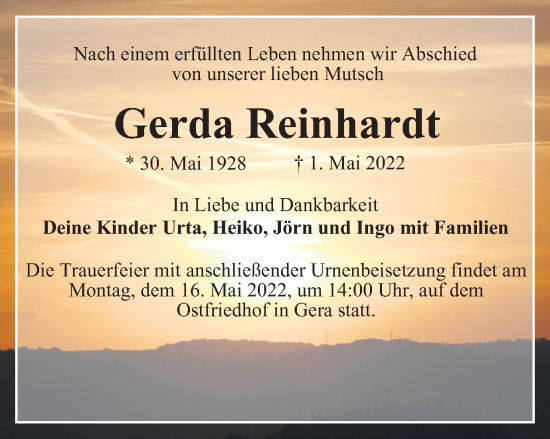 Traueranzeige von Gerda Reinhardt von Ostthüringer Zeitung
