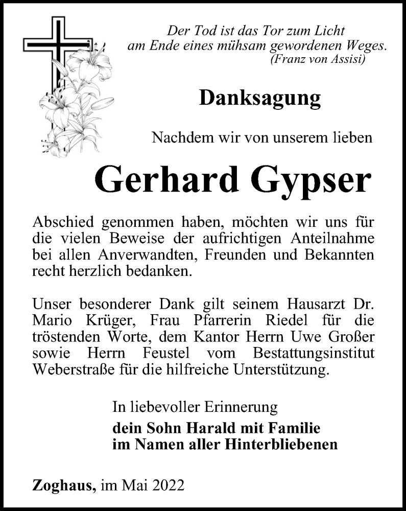  Traueranzeige für Gerhard Gypser vom 06.05.2022 aus Ostthüringer Zeitung