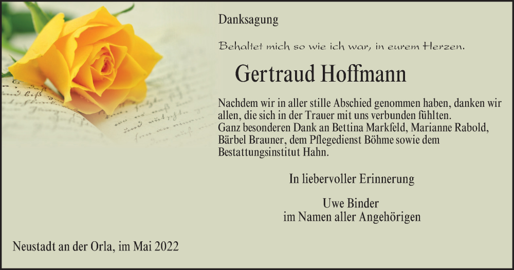  Traueranzeige für Gertraud Hoffmann vom 07.05.2022 aus Ostthüringer Zeitung