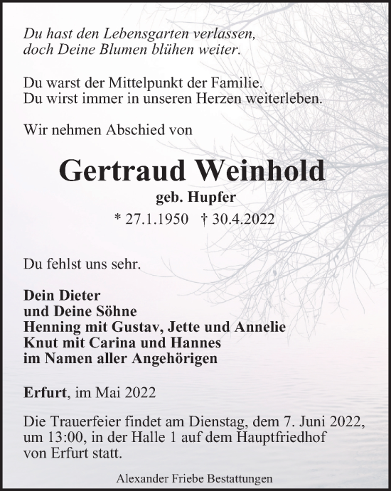 Traueranzeige von Gertraud Weinhold