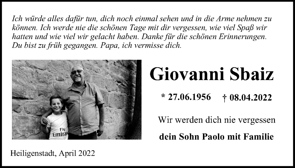  Traueranzeige für Giovanni Sbaiz vom 07.05.2022 aus Thüringer Allgemeine