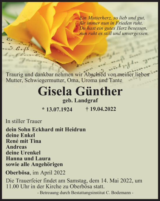 Traueranzeige von Gisela Günther