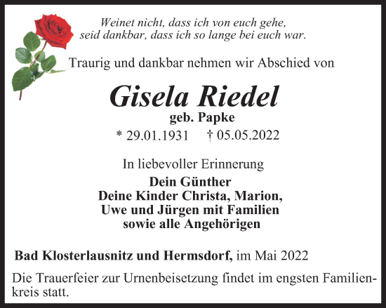 Traueranzeige von Gisela Riedel von Ostthüringer Zeitung