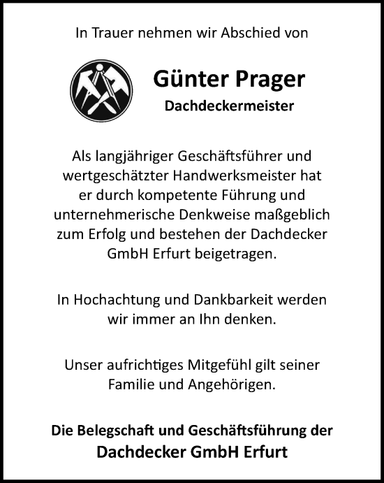 Traueranzeige von Günter Prager von Thüringer Allgemeine, Thüringische Landeszeitung