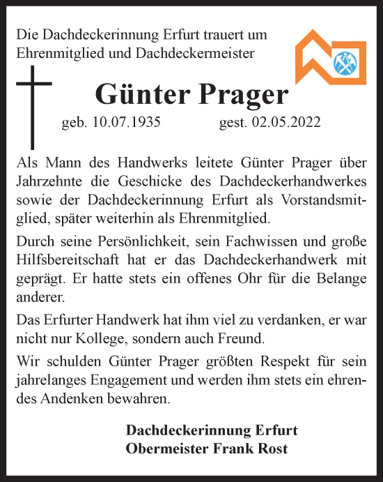 Traueranzeige von Günter Prager von Thüringer Allgemeine, Thüringische Landeszeitung