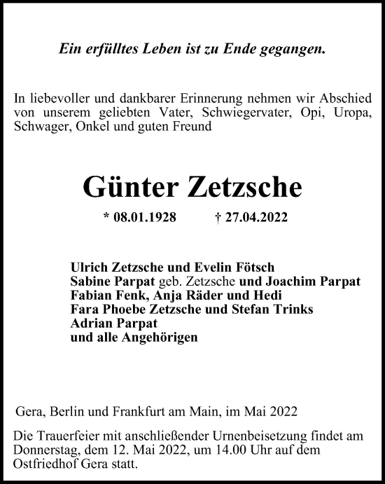 Traueranzeige von Günter Zetzsche von Ostthüringer Zeitung