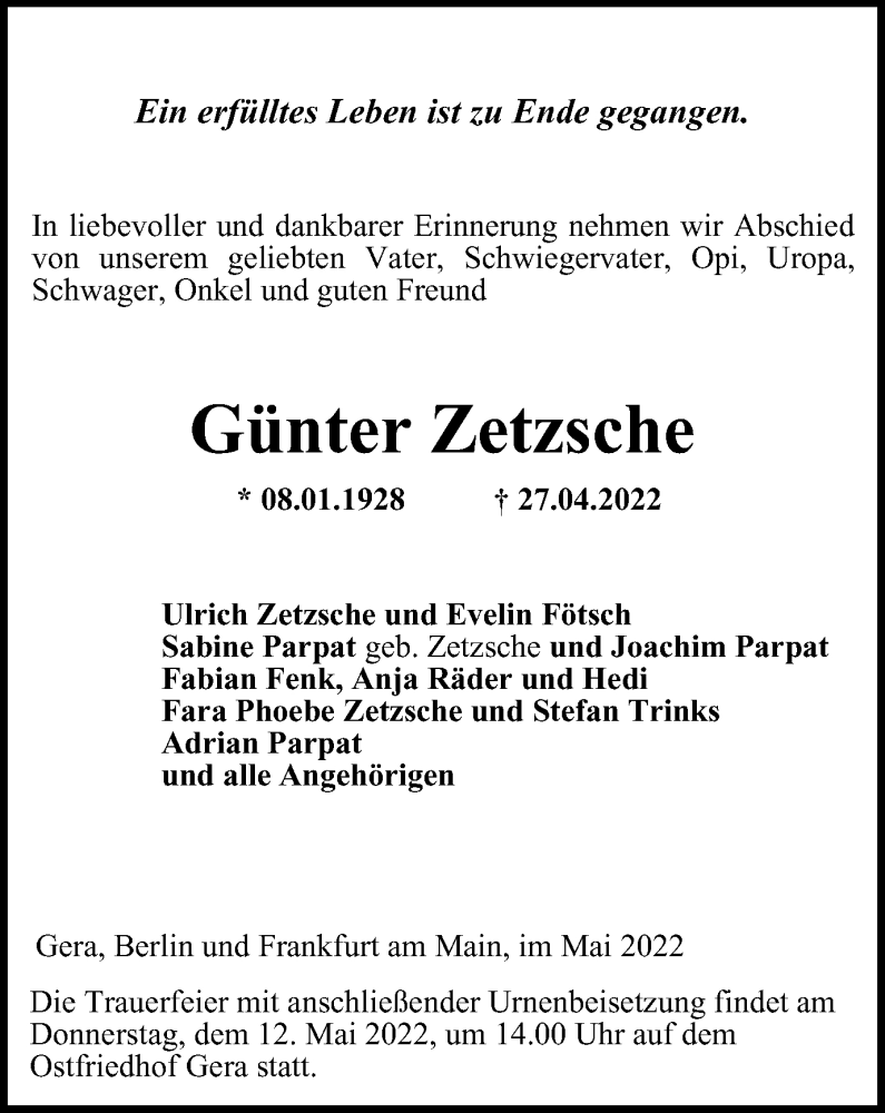  Traueranzeige für Günter Zetzsche vom 07.05.2022 aus Ostthüringer Zeitung