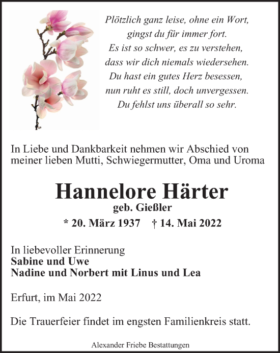 Traueranzeige von Hannelore Härter von Thüringer Allgemeine, Thüringische Landeszeitung