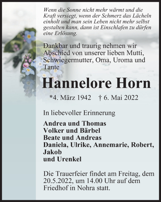 Traueranzeige von Hannelore Horn von Thüringer Allgemeine, Thüringische Landeszeitung