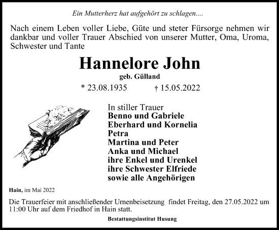 Traueranzeige von Hannelore John von Thüringer Allgemeine