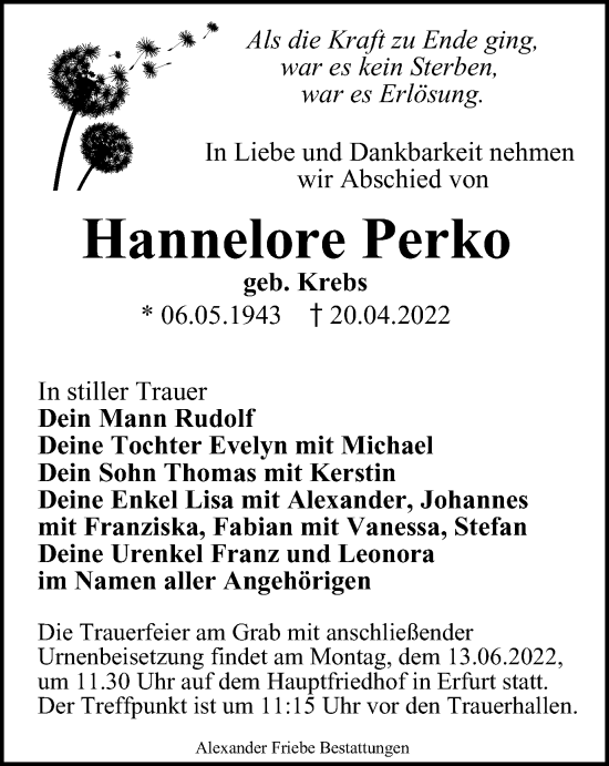 Traueranzeige von Hannelore Perko von Thüringer Allgemeine, Thüringische Landeszeitung