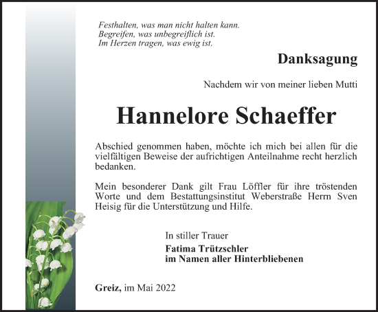 Traueranzeige von Hannelore Schaeffer von Ostthüringer Zeitung