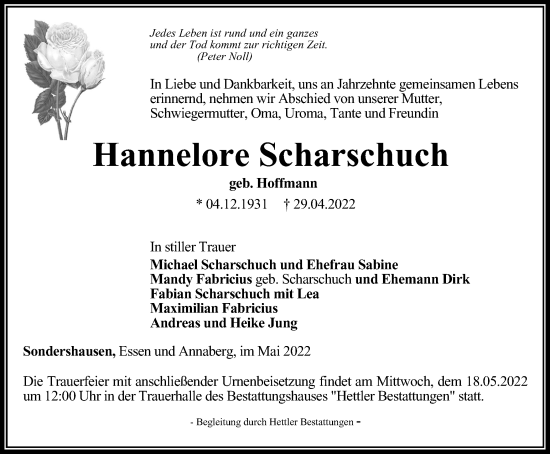 Traueranzeige von Hannelore Scharschuch von Thüringer Allgemeine