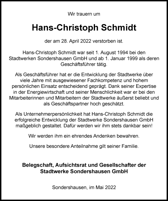 Traueranzeige von Hans-Christoph Schmidt von Thüringer Allgemeine, Thüringische Landeszeitung, Ostthüringer Zeitung