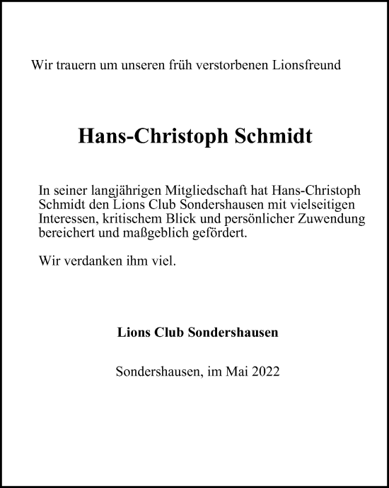 Traueranzeige von Hans-Christoph Schmidt