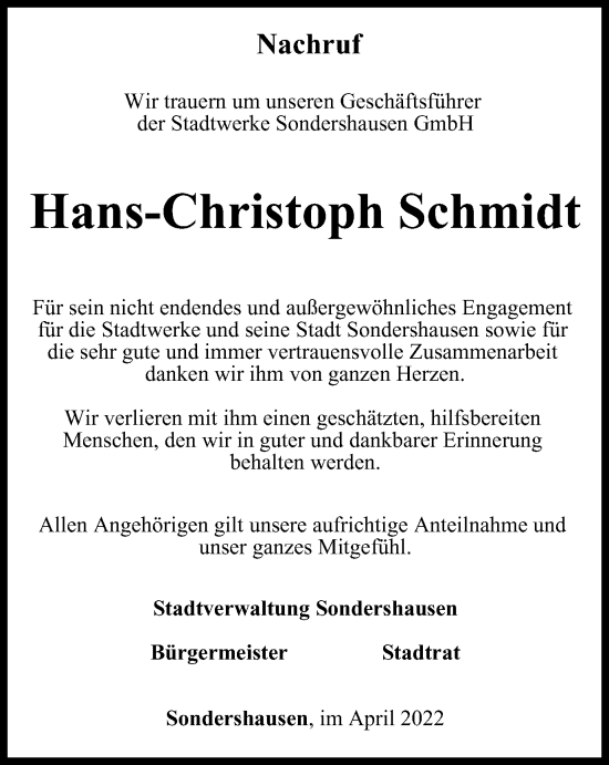 Traueranzeige von Hans-Christoph Schmidt