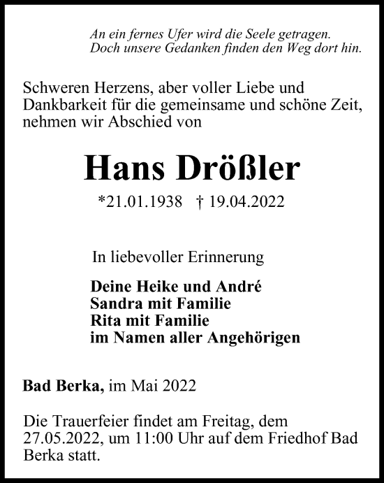 Traueranzeige von Hans Drößler von Thüringer Allgemeine, Thüringische Landeszeitung