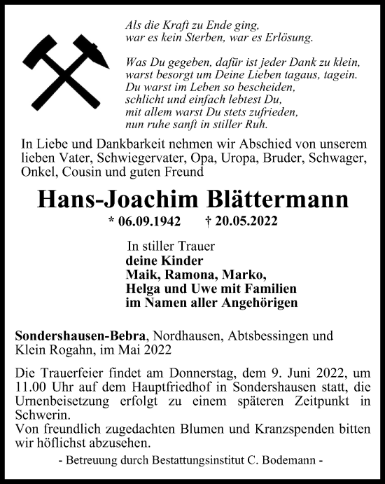 Traueranzeige von Hans-Joachim Blättermann