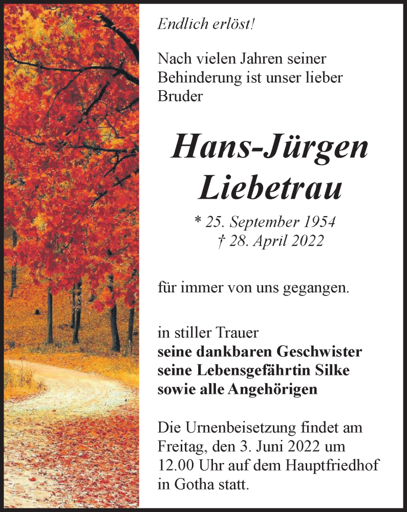  Traueranzeige für Hans-Jürgen Liebetrau vom 07.05.2022 aus Thüringer Allgemeine, Thüringische Landeszeitung
