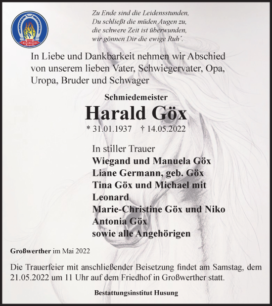 Traueranzeige von Harald Göx von Thüringer Allgemeine