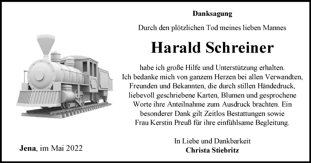  Traueranzeige für Harald Schreiner vom 07.05.2022 aus Ostthüringer Zeitung, Thüringische Landeszeitung