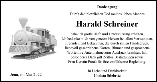 Traueranzeige von Harald Schreiner von Ostthüringer Zeitung, Thüringische Landeszeitung