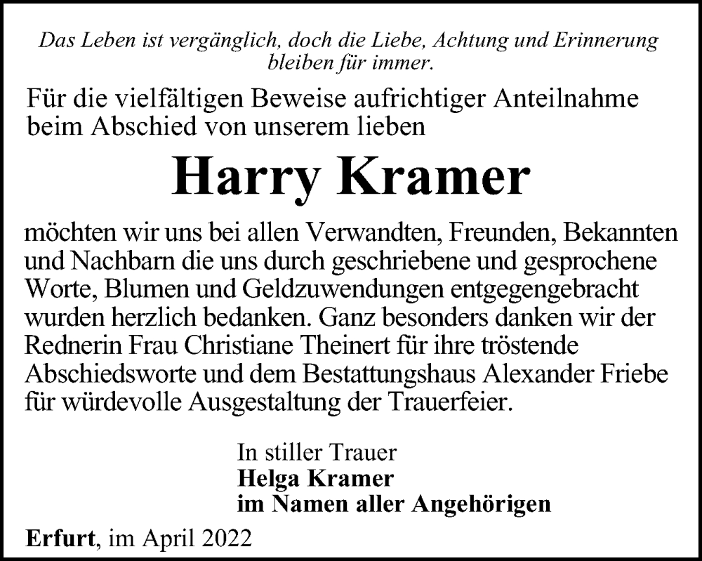  Traueranzeige für Harry Kramer vom 07.05.2022 aus Thüringer Allgemeine, Thüringische Landeszeitung