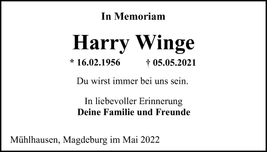 Traueranzeige von Harry Winge von Thüringer Allgemeine, Thüringische Landeszeitung