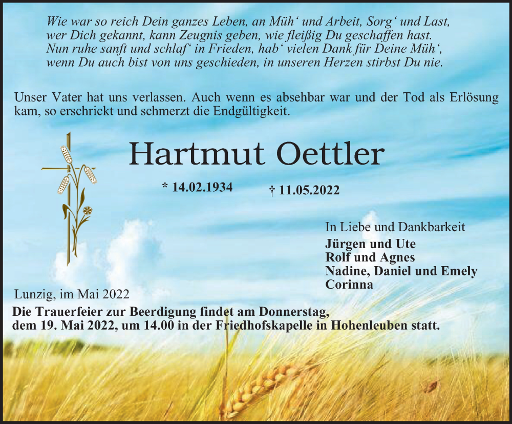  Traueranzeige für Hartmut Oettler vom 14.05.2022 aus Ostthüringer Zeitung