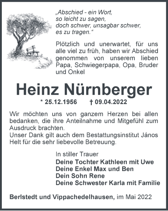 Traueranzeige von Heinz Nürnberger von Thüringer Allgemeine, Thüringische Landeszeitung