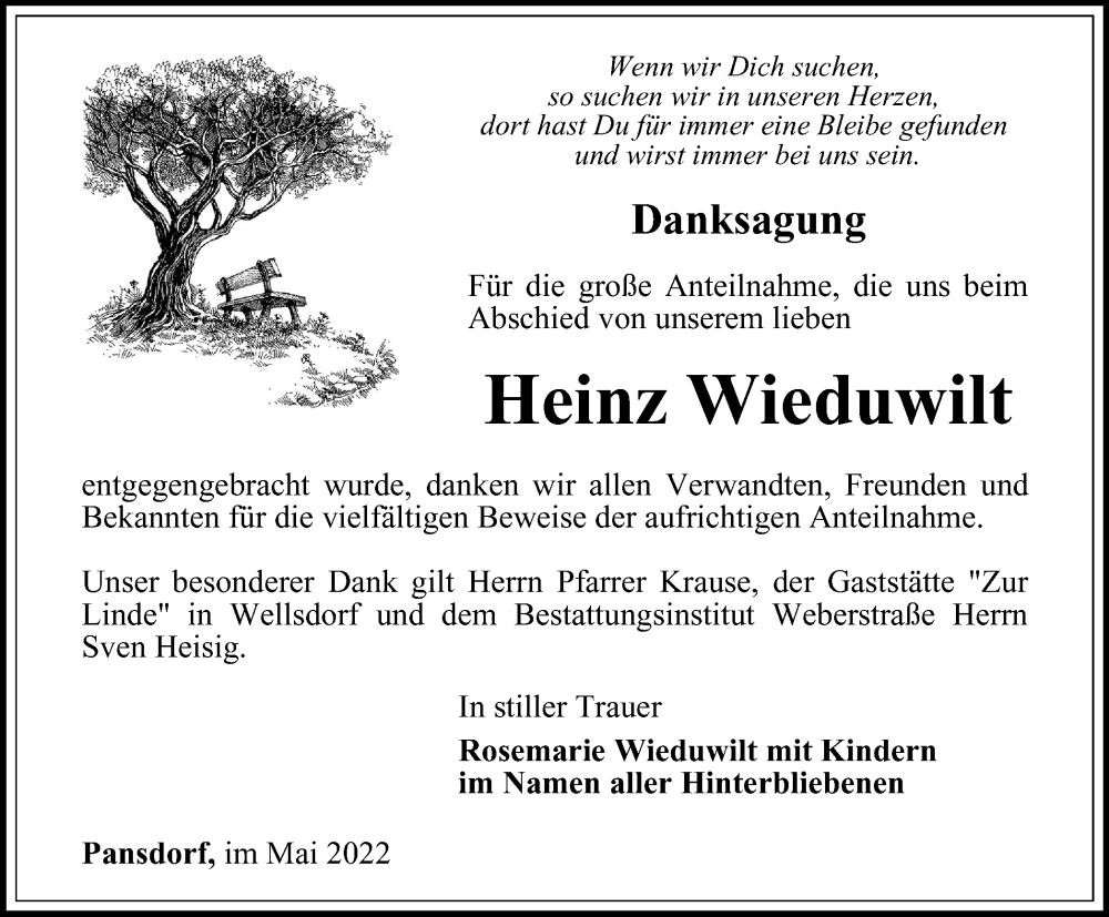  Traueranzeige für Heinz Wieduwilt vom 27.05.2022 aus Ostthüringer Zeitung
