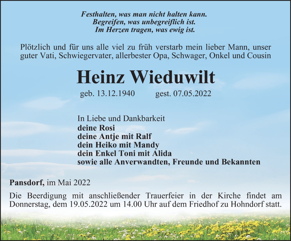 Traueranzeige für Heinz Wieduwilt vom 13.05.2022 aus Ostthüringer Zeitung
