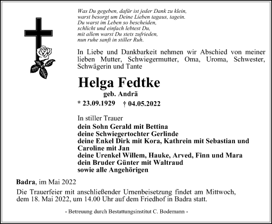 Traueranzeige von Helga Fedtke