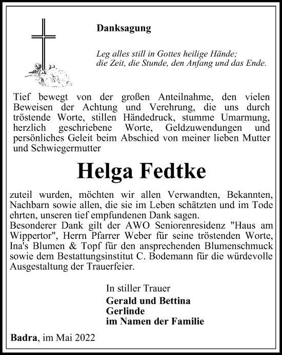 Traueranzeige von Helga Fedtke