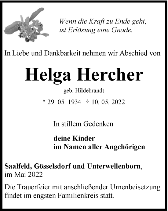 Traueranzeige von Helga Hercher von Ostthüringer Zeitung