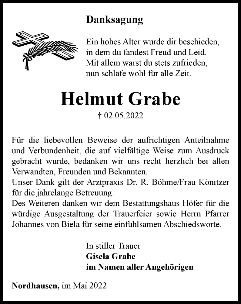 Traueranzeige für Helmut Grabe vom 21.05.2022 aus Thüringer Allgemeine
