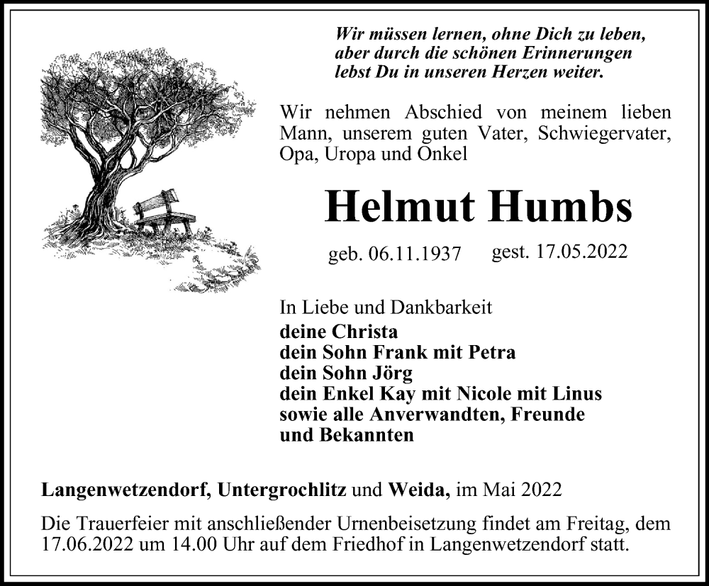  Traueranzeige für Helmut Humbs vom 20.05.2022 aus Ostthüringer Zeitung