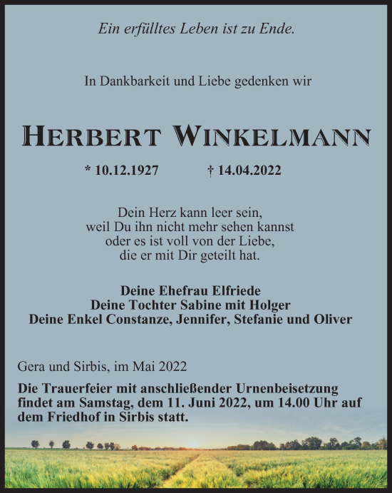 Traueranzeige von Herbert Winkelmann