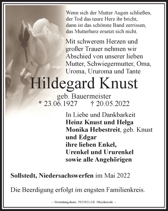 Traueranzeige von Hildegard Knust von Thüringer Allgemeine