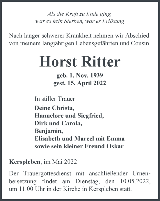 Traueranzeige von Horst Ritter von Thüringer Allgemeine, Thüringische Landeszeitung