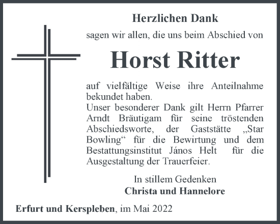 Traueranzeige von Horst Ritter von Thüringer Allgemeine, Thüringische Landeszeitung