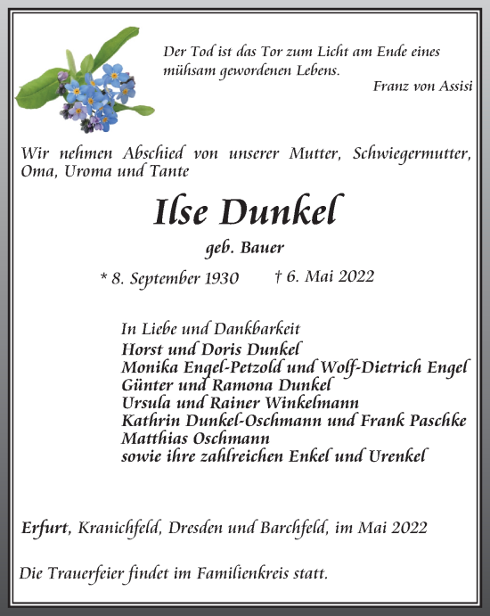 Traueranzeige von Ilse Dunkel von Thüringer Allgemeine, Thüringische Landeszeitung