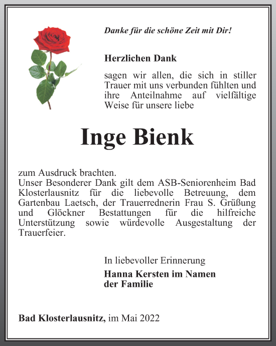 Traueranzeige von Inge Bienk von Ostthüringer Zeitung