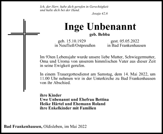 Traueranzeige von Inge Unbenannt von Thüringer Allgemeine